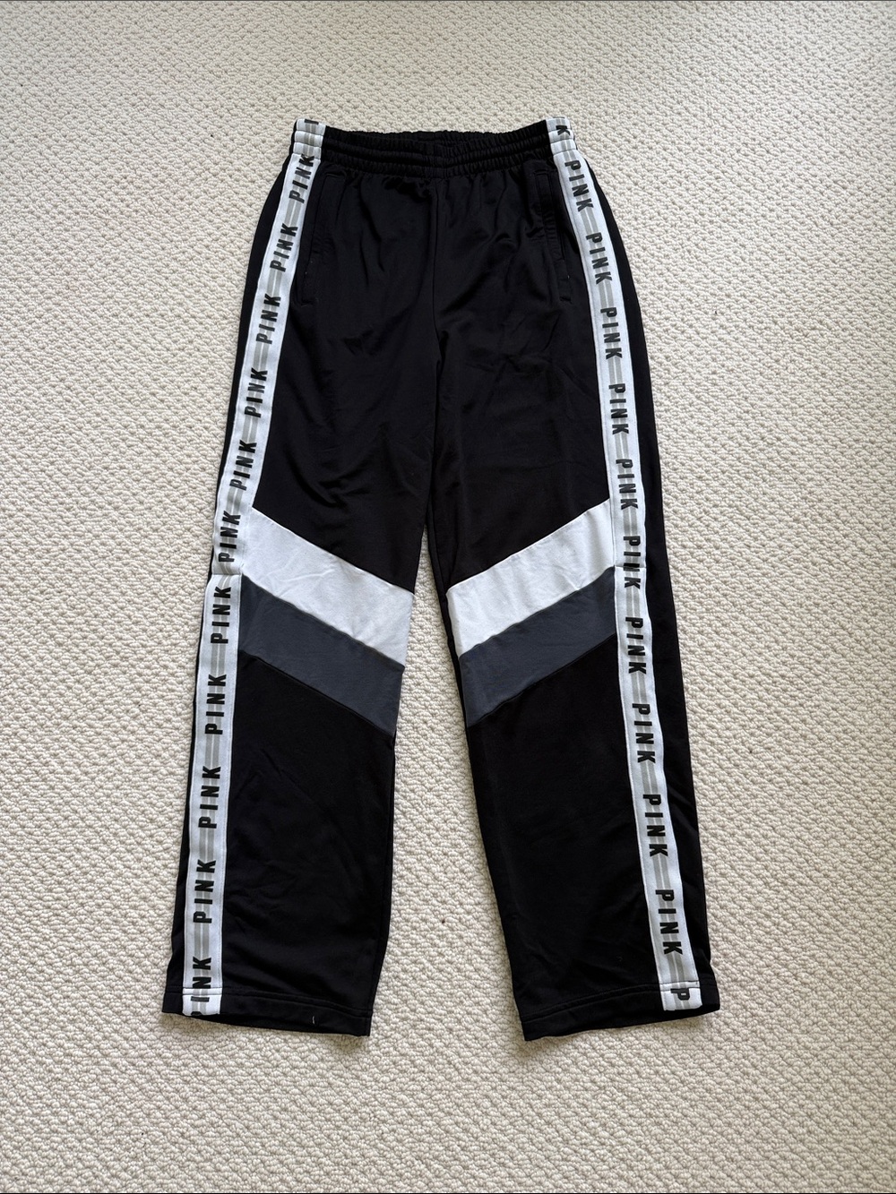 PINK Victoria's Secret Black Track Joggers with White & Gray Panels